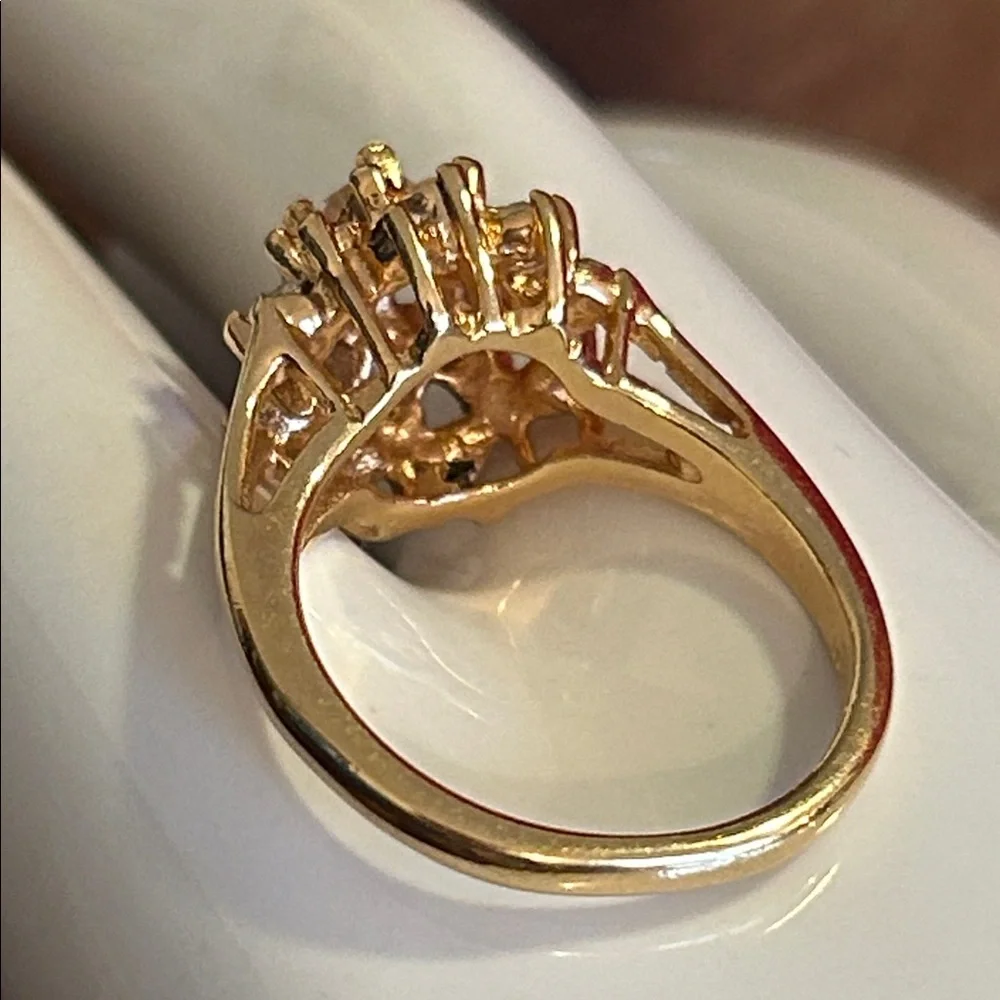 18KHGE Cathedral Ring with Red and White Gemstones
